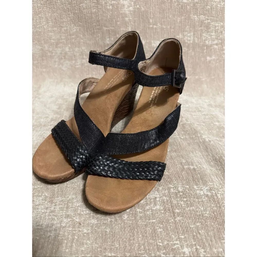 TOMS Women's Clarissa Braided Strappy Open Toe Wedge Sandals Black Size 7